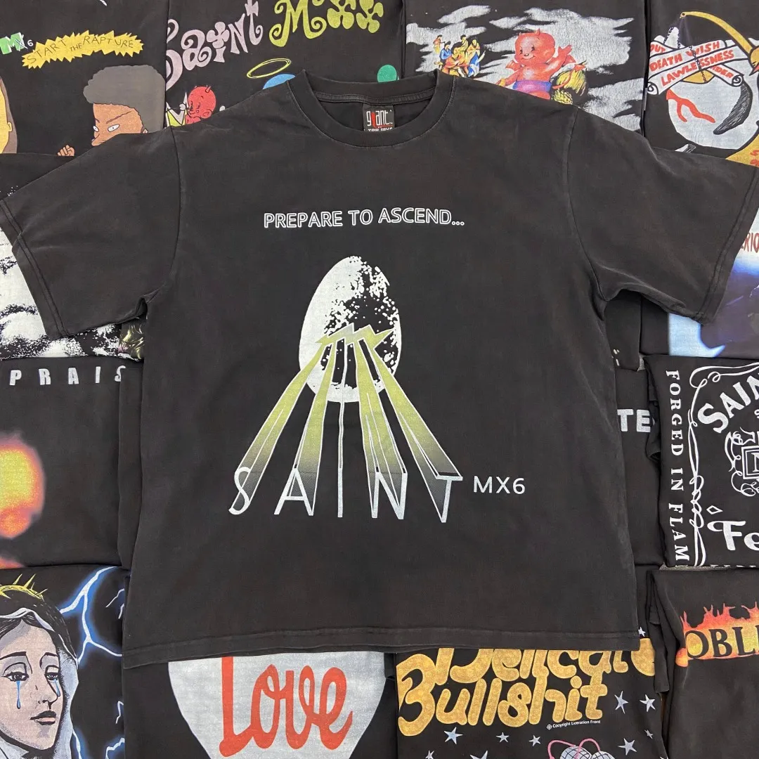 Saint Michael series of new American retro washed and distressed niche printed pure cotton loose short-sleeved T-shirts with digital white ink direct injection, breathable fabrics and three-dimensional and clear patterns. Fabric: Double yarn 240g Size: S-M-L-XL
